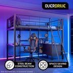 Gaming Loft Bed with Desk and Storage Cabinet, Steel Metal Frame, Space Saving Design, for Single Mattress, Matte Dark Grey