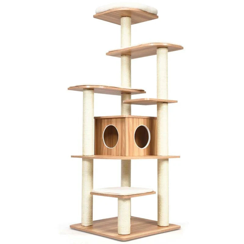 69" Tall Cat Activity Tree Wood Multi-Layer Large Cat Tower Condo with Scratch Resistant Rope & Plush Cushions