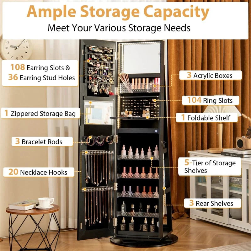 360�� Swivel Jewelry Cabinet Armoire w/ Full Length Mirror 3-Color LED Lights & Rear Shelves, Lockable Standing Jewelry Storage Organizer