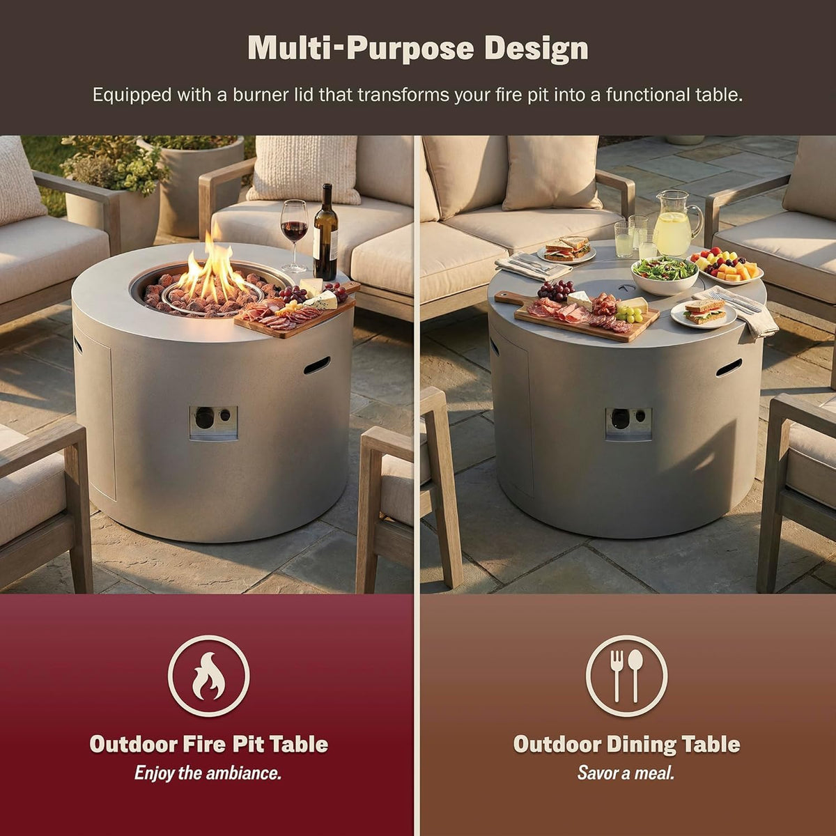 32 Inch Round Propane Fire Pit Table �C 50,000 BTU Outdoor Gas Fire Table for Patio, Deck, Backyard, CSA Certified, Alloy Steel with Waterproof Cover, Lava Rocks & Lid, Gray