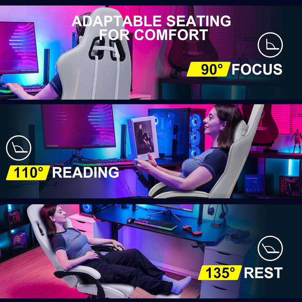 GTPLAYER Gaming Chair, Computer Chair with Footrest and Lumbar Support, Height Adjustable Game Chair with 360  -Swivel Seat and Headrest and for Office or Gaming (White)