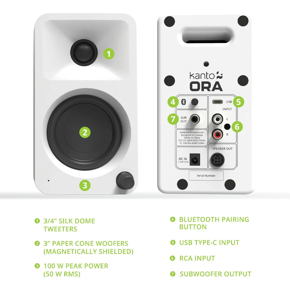 Kanto ORA 100W Powered Reference Desktop Computer Speakers with Bluetooth 5.0 White