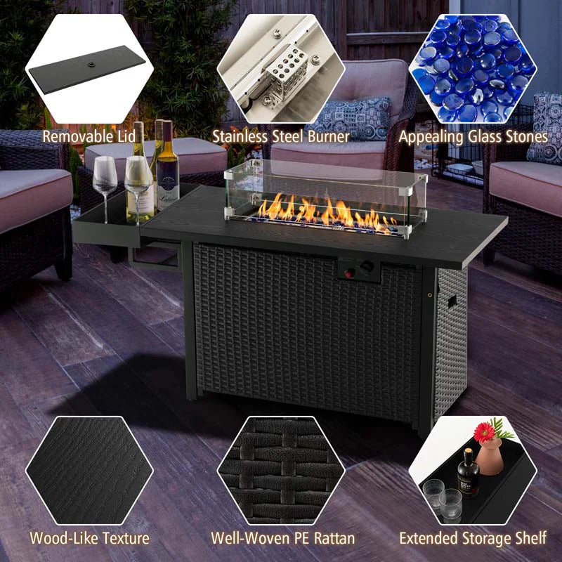 52" 50,000 BTU Outdoor Wicker Gas Fire Pit Propane Fire Table with Waterproof Cover, Wind Guard & Extended Storage Shelf for Patio Backyard