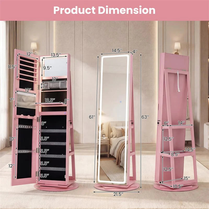 360�� Swivel Jewelry Cabinet Armoire w/ Full Length Mirror 3-Color LED Lights & Rear Shelves, Lockable Standing Jewelry Storage Organizer