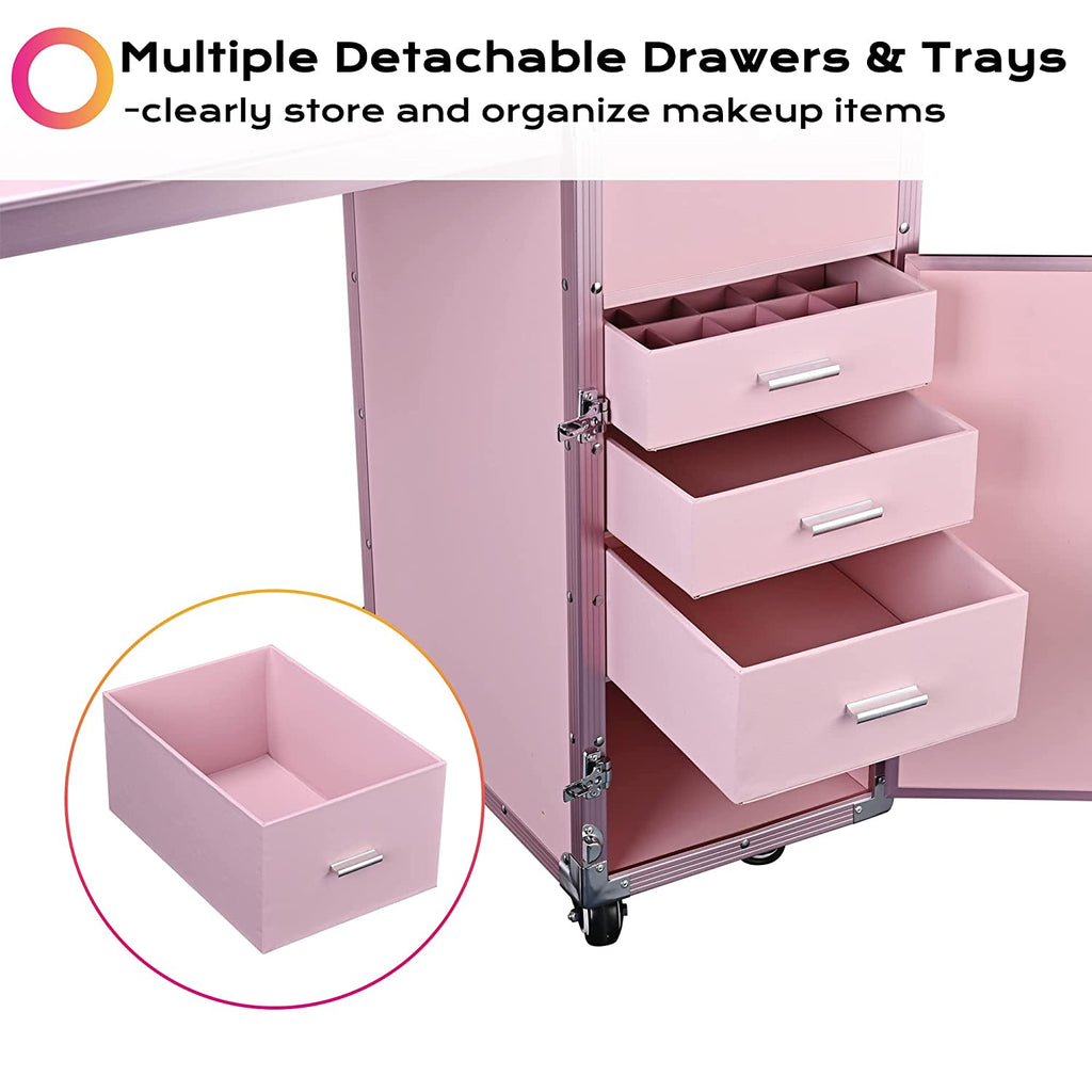 BYOOTIQUE Nail Desk Mobile Station Rolling Makeup Train Case Trolley Cosmetic Manicure Table Mirror 4 Drawers Pink