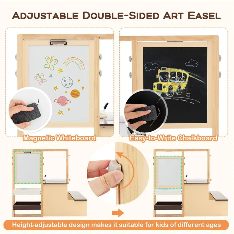 Kids Wooden Art Center Easel with Adjustable Double-Sided Blackboard & Whiteboard, Paper Roll, Toddler Art Table & Chair Set with Storage