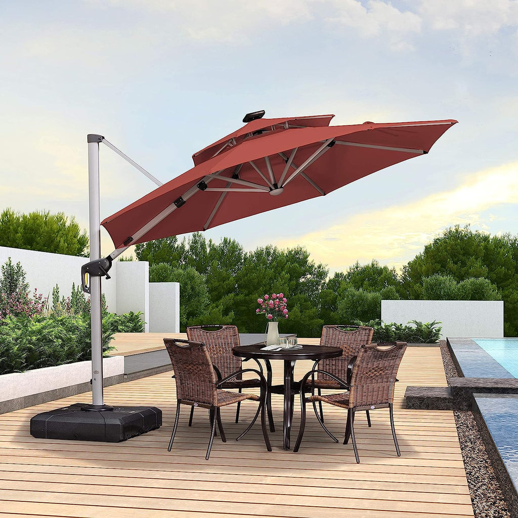 12ft Solar LED Patio Umbrella Outdoor Round Umbrella Large Cantilever Umbrella with LED Lights Windproof Bias Umbrella Heavy Duty Parasol for Garden Deck Pool Patio