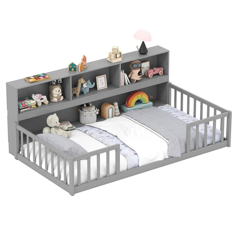 Twin Montessori Floor Bed, Wood Floor Bed Frame with Bookcase, Storage Shelves & Safety Fence Rails for Kids, No Box Spring Needed