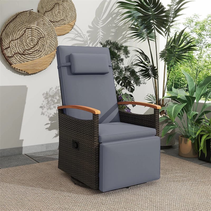 Outdoor Rattan 360�� Swivel Recliner Chair, Patio Wicker Chaise Lounge Chair with Adjustable Backrest & Footrest, Flip Side Table & Cushions