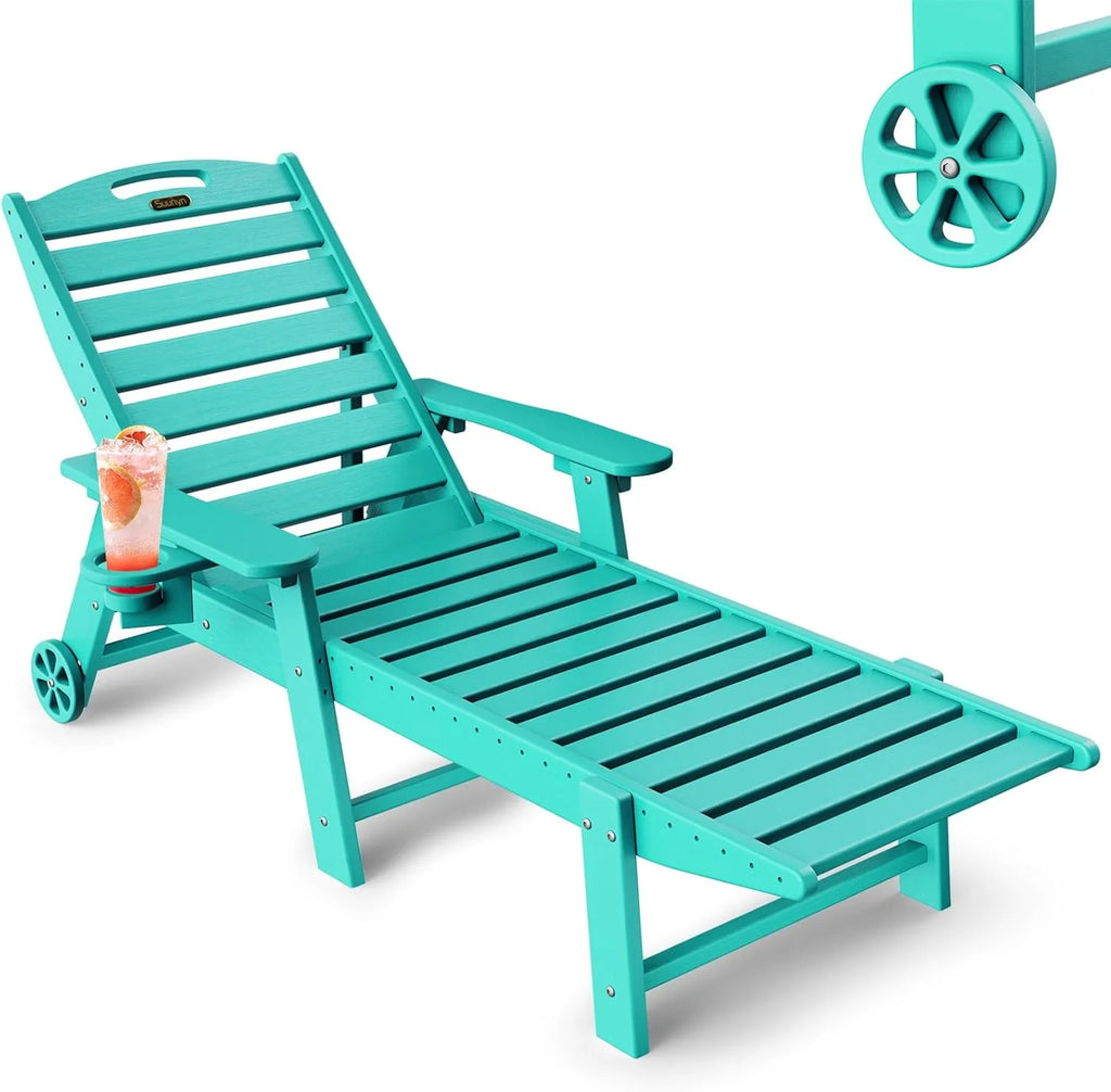 Lounge Chair Outdoor, Chaise Lounge, HDPE 6-Position Outdoor Chaise Lounge, Patio Lounge Chair with Wheels & Cup Holder for Pool Poolside Deck Backyard, Teak