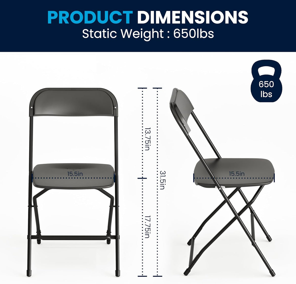 Flash Furniture Hercules Set of 10 Indoor/Outdoor Heavy-Duty Plastic Folding Chairs, Foldable Commercial Stacking Chairs with 650-lb. Static Weight Capacity, Black