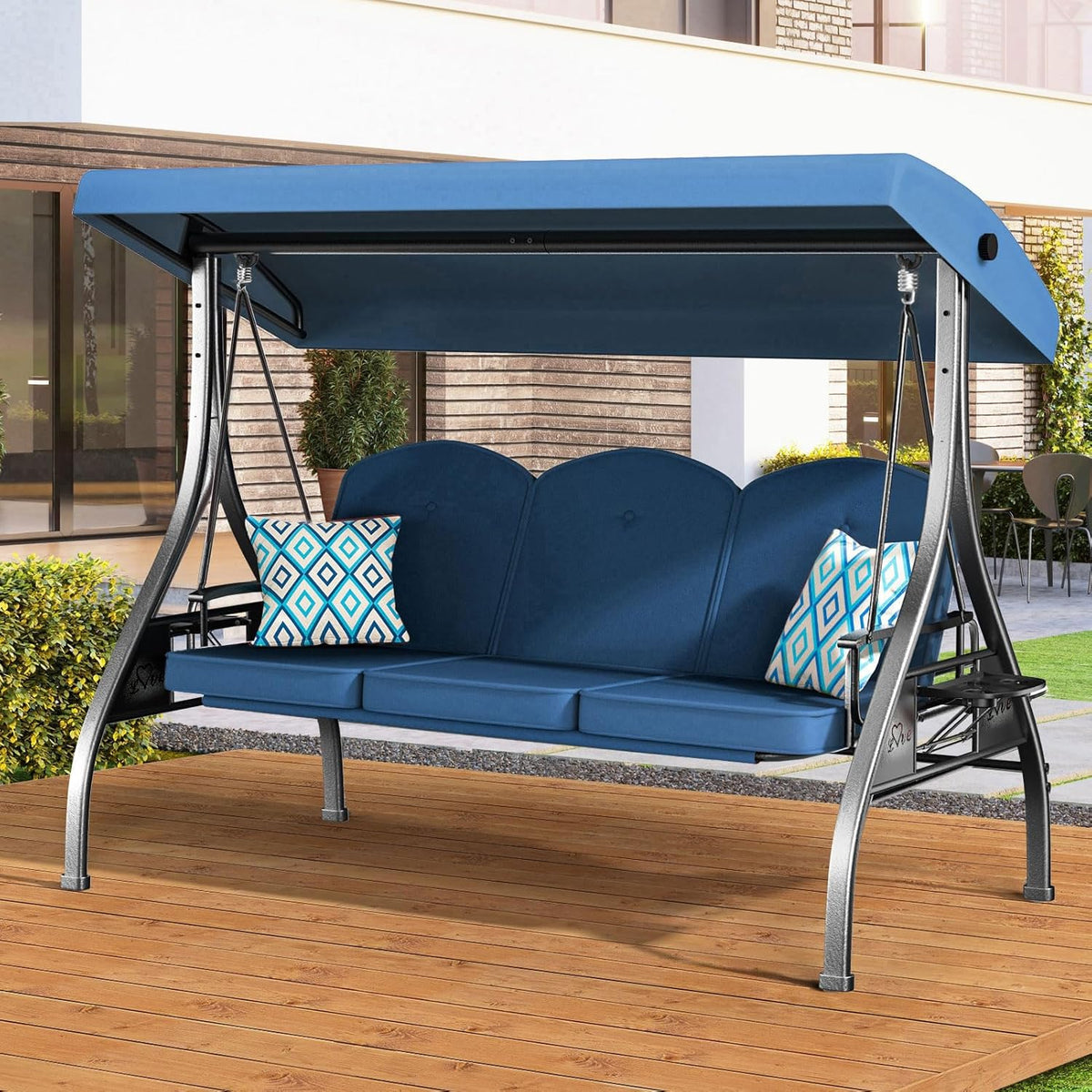 3 Seat Outdoor Porch Patio Swing with Stand 800lbs 2-in-1 Convertible Swing Bed with Adjustable Canopy & Removable Cushion for Yard Garden Deck (Blue  Square Tube)