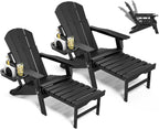 Adjustable Adirondack Chair with Retractable Ottoman Set of 2  HDPE Folding Adirondack Chair with Cup Holder  All Weather Fire Pit Chair for Outdoor.