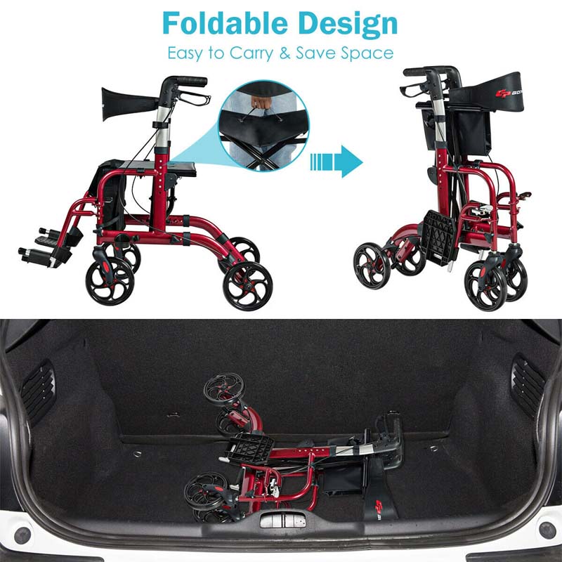 2 in 1 Rollator Walker Wheelchair Folding Medical Walker, Aluminum Transport Chair Mobility Walking Aid