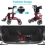 2 in 1 Rollator Walker Wheelchair Folding Medical Walker, Aluminum Transport Chair Mobility Walking Aid