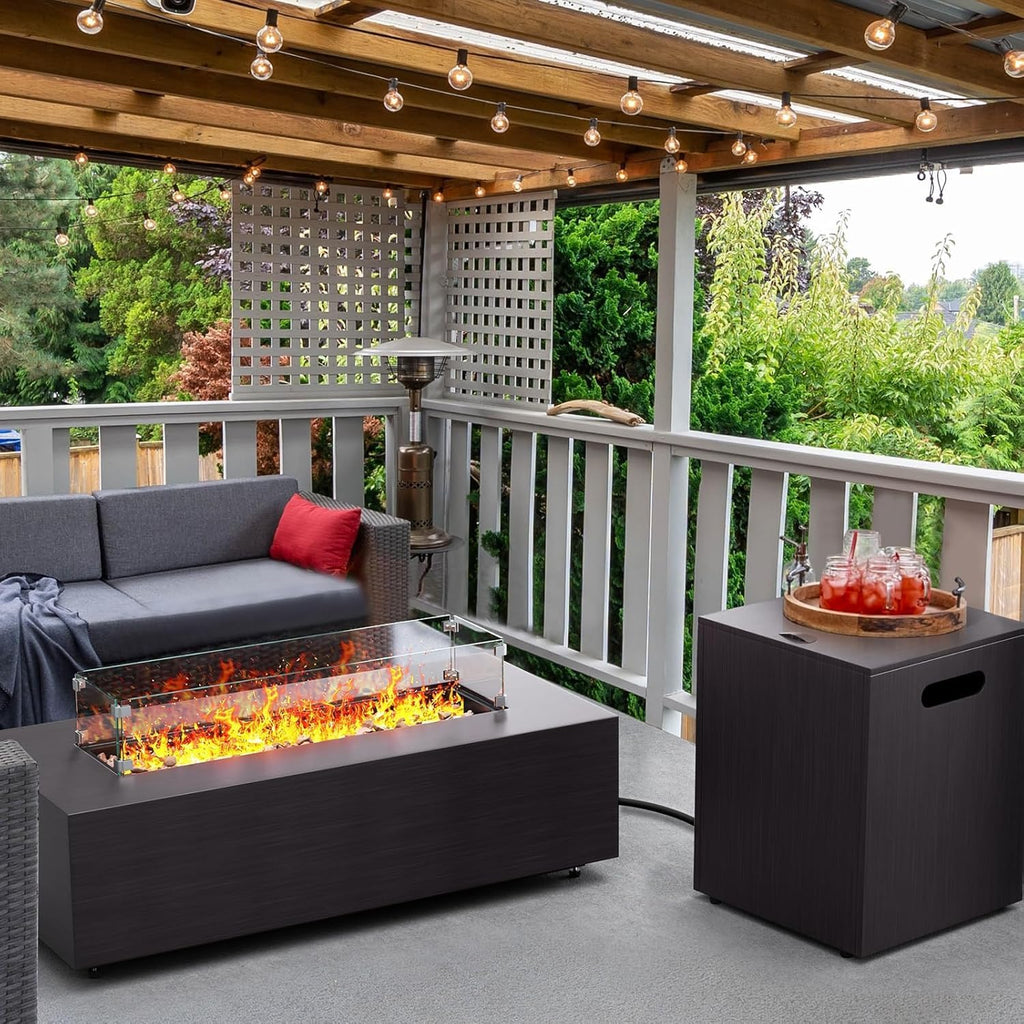 Jocoevol Fire Pit Table 50,000 BTU 42" Rectangular Propane Fire Pit Outdoor with Wind Guard Glass, Lid, Rocks and Cover Gas Fireplace for Deck or Patio