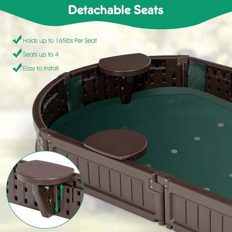 6FT Oval Outdoor Sandbox with Cover, Built-in Corner Seat & Bottom Liner, All Weather Kids Sand Play Station for Backyard Beach