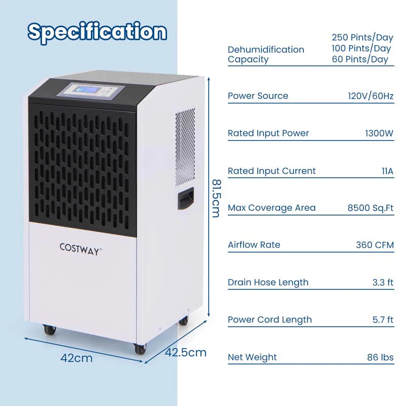 250 Pints Portable Commercial Dehumidifier with Drain Hose & 4 Wheels, Heavy Duty Industrial Dehumidifier for Basement Warehouse