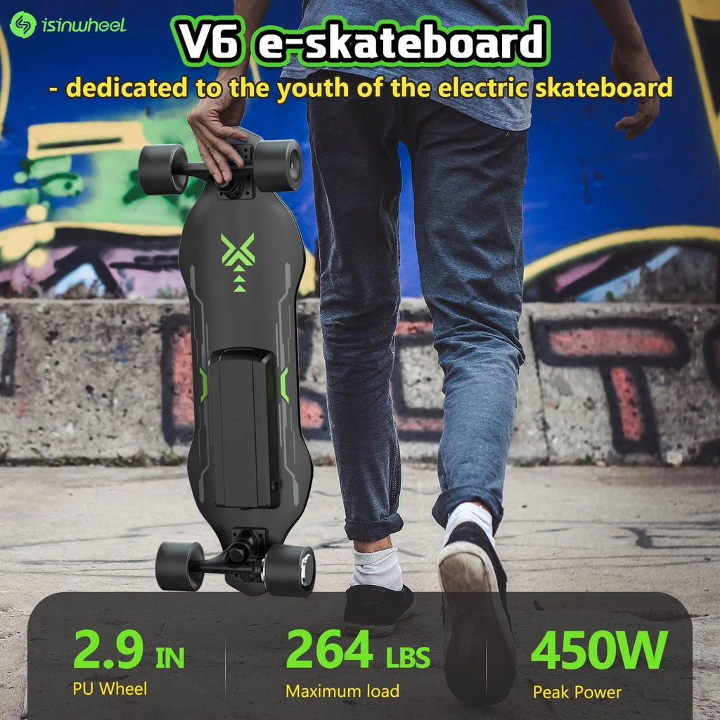 isinwheel V6 Electric Skateboard with Remote, 450W Brushless Motor, 12Mph Top Speed, Electric Longboard for Adults ＆Teens