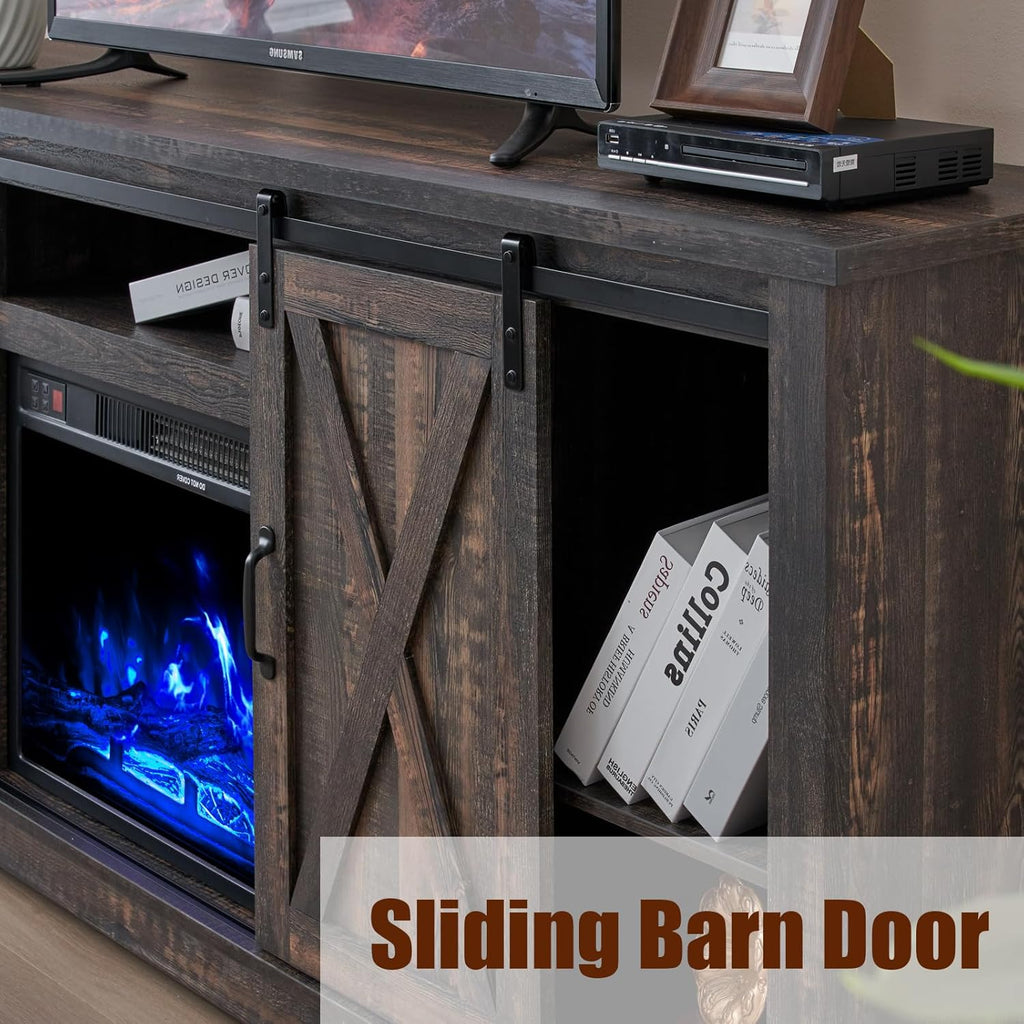 AMERLIFE Fireplace TV Stand with Sliding Barn Door for TVs up to 73", Farmhouse 63" Fireplace Entertainment Center with Storage Cabinets/Adjustable Shelves, Dark Rustic Oak