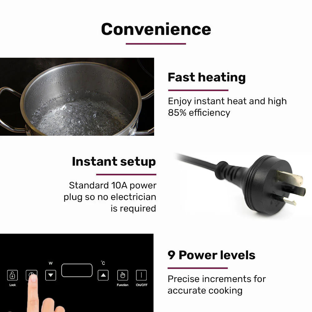 EUROCHEF Double Induction Cooktop, 9 Heat Levels, Fast Electric Portable Cooker, Touch Controls, Standard 10A Power Plug