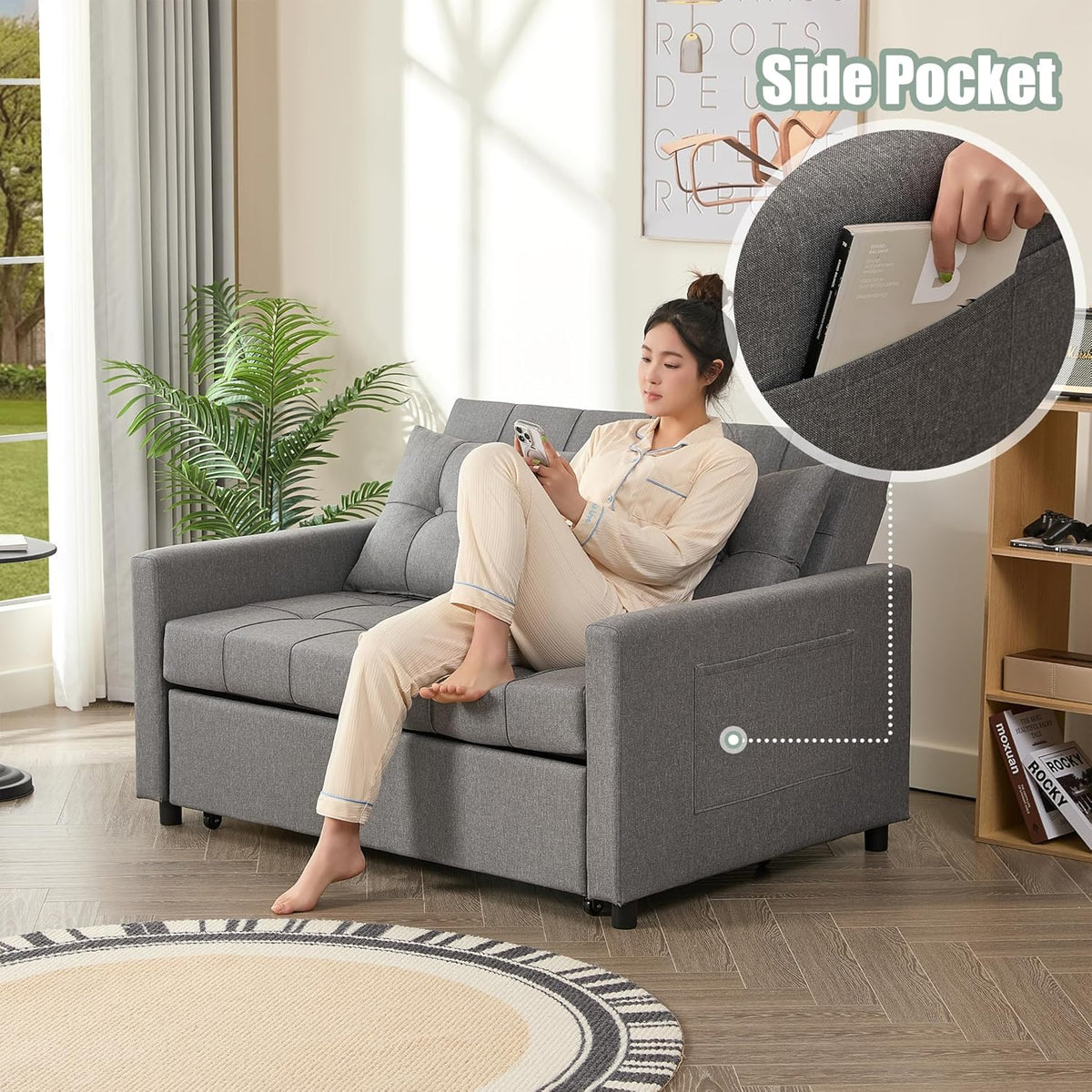 52" Sleeper Sofa with Pull-Out Bed, 3-in-1 Convertible Sofa Bed, Set of Loveseat with Stepless Adjustable Backrest and Side Pocket, for Living Room Dorm Apartment, Linen, Light Gray