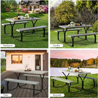Outdoor Picnic Table Bench Set, All-Weather Dining Table Set, Metal Base Wood-Like Texture, Large Camping Table for Lawn Garden Backyard