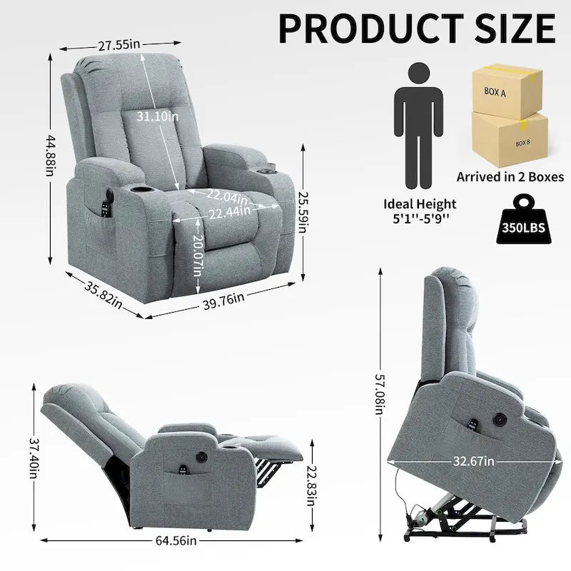 Lazy Boy Power Lift Recliner Chair, Modern Single Motor Massage Sofa Chair with Lumbar Heating, USB Charging Port, Cup Holders
