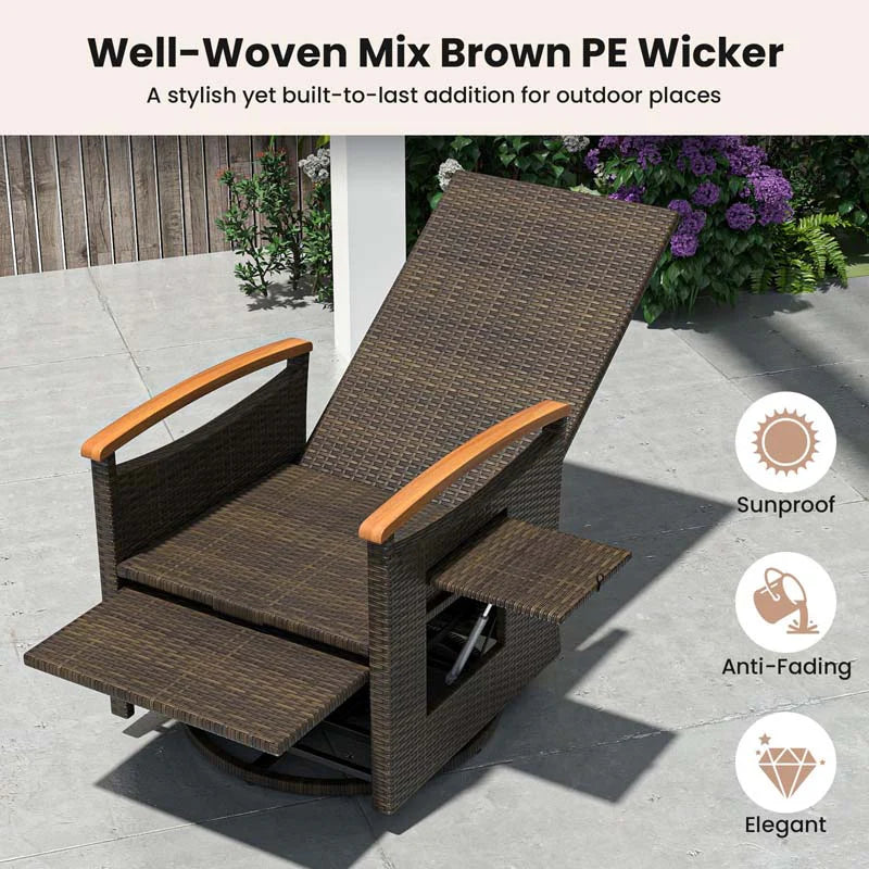 Outdoor Rattan 360�� Swivel Recliner Chair, Patio Wicker Chaise Lounge Chair with Adjustable Backrest & Footrest, Flip Side Table & Cushions