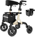 A walking aid suitable for the elderly, a wheelchair-style walking aid with a seat, a full-terrain walking aid with 10-inch rubber wheels, an aluminum walking aid with a backrest, with built-in cables, foldable and height-adjustable, suitable for the