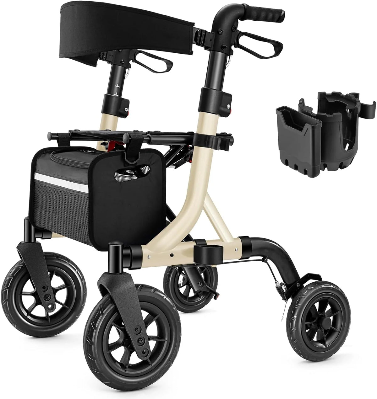 A walking aid suitable for the elderly, a wheelchair-style walking aid with a seat, a full-terrain walking aid with 10-inch rubber wheels, an aluminum walking aid with a backrest, with built-in cables, foldable and height-adjustable, suitable for the