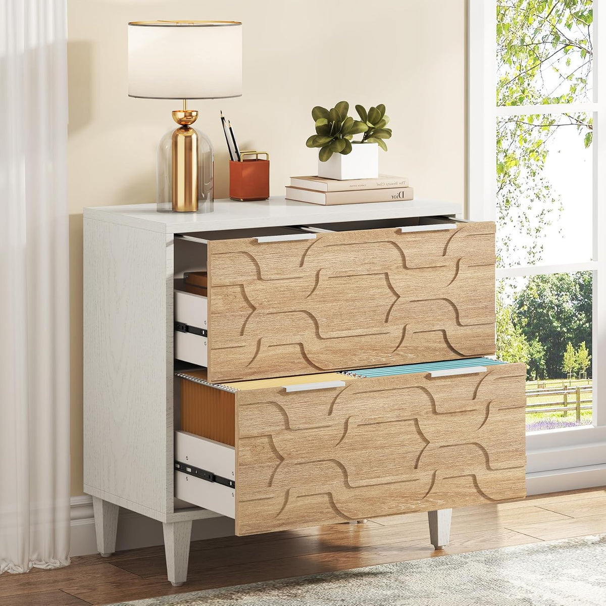 Tribesigns 2-Drawer File Cabinet, Lateral Filing Cabinet for A4/Letter/Legal Size, Office Storage Cabinet, Printer Stand with Storage Drawer for Home Office, White & Walnut