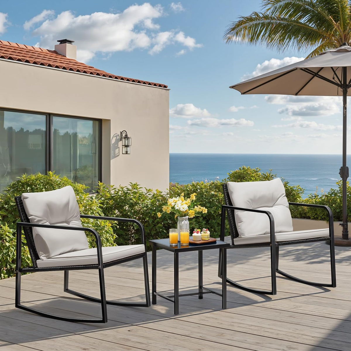 Greesum 3 Pieces Rocking Wicker Bistro Set, Patio Outdoor Furniture Conversation Sets with Porch Chairs and Glass Coffee Table, Beige