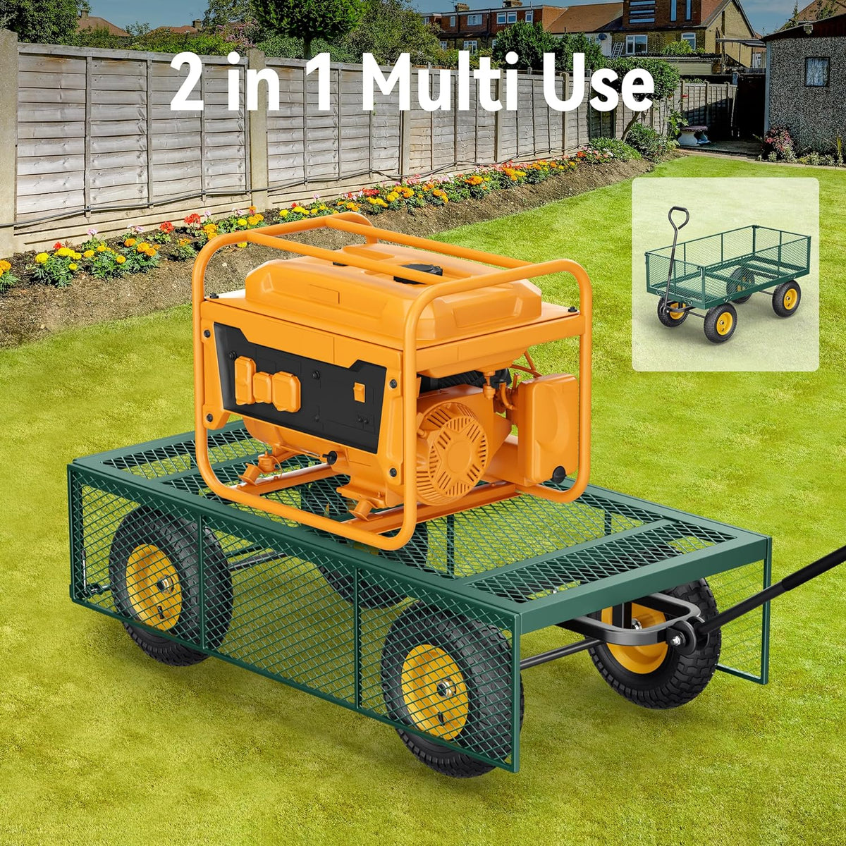 Steel Garden Cart, 2-in-1 1400 lbs Heavy Duty Utility Wagon, with Removable Mesh Sides to Convert into Flatbed, 240° U-Turn 13" Pneumatic Tires Garden Wagon for Farm Yard Lawn Garden Camping