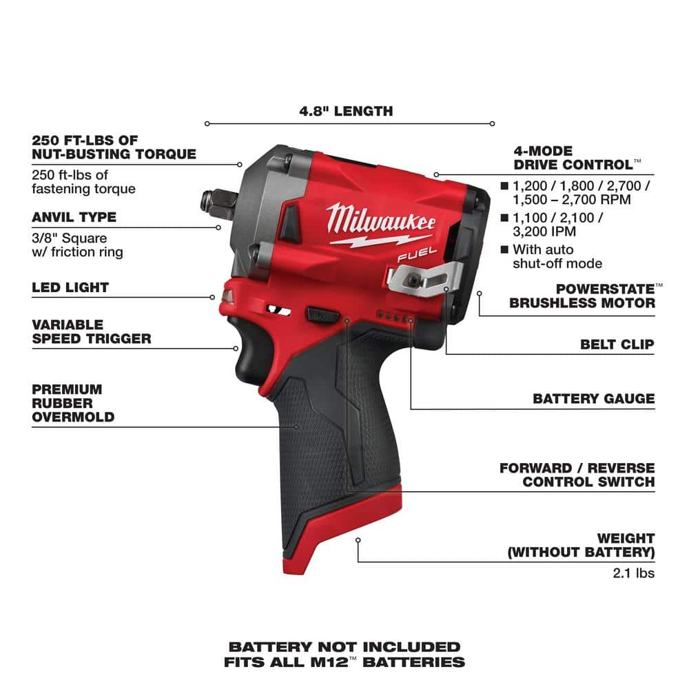 Milwaukee M12 FUEL 3/8��� Cordless Brushless Stubby Impact Wrench, 250 ft-lbs Torque, Tool-Only