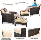 LEVELEVE Balcony Furniture 5 Piece Patio Conversation Set  PE Wicker Rattan Outdoor Lounge Chairs with Soft Cushions 2 Ottoman&Glass Table for Porch  Lawn-Brown Wicker