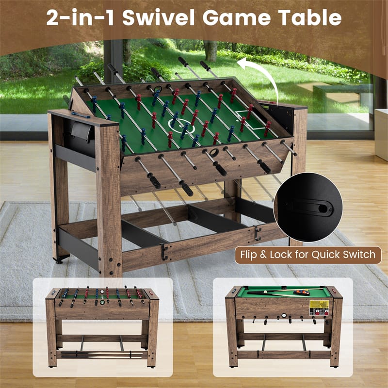 2-in-1 48" Swivel Multi Game Table, Foosball & Billiards Combo Table, Space-Saving Indoor Arcade Table for Kids/Adults, Game Room, Party