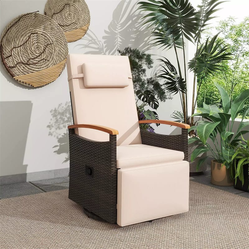Outdoor 360° Swivel Rattan Recliner Chair with Adjustable Backrest & Footrest, Patio Wicker Chaise Lounge Chair with Flip Side Table & Cushion