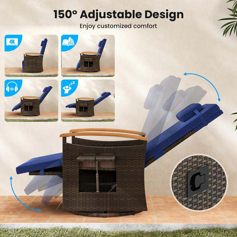 Outdoor Rattan 360�� Swivel Recliner Chair, Patio Wicker Chaise Lounge Chair with Adjustable Backrest & Footrest, Flip Side Table & Cushions