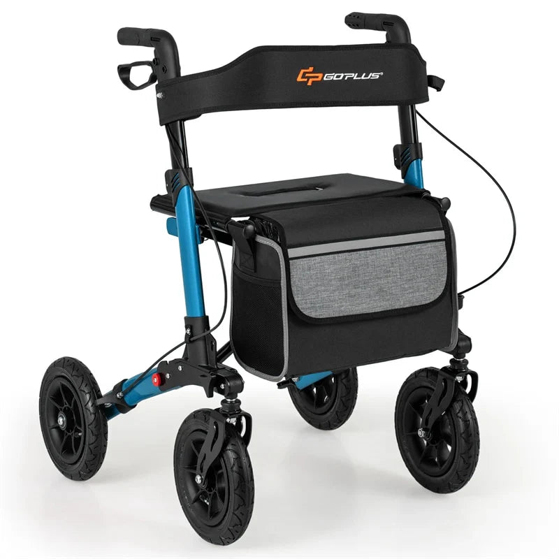 2-in-1 Folding Rolling Rollator Walker with Seat, 9" All-Terrain Pneumatic Tires & Height Adjustment, Aluminum Mobility Walking Aid for Seniors