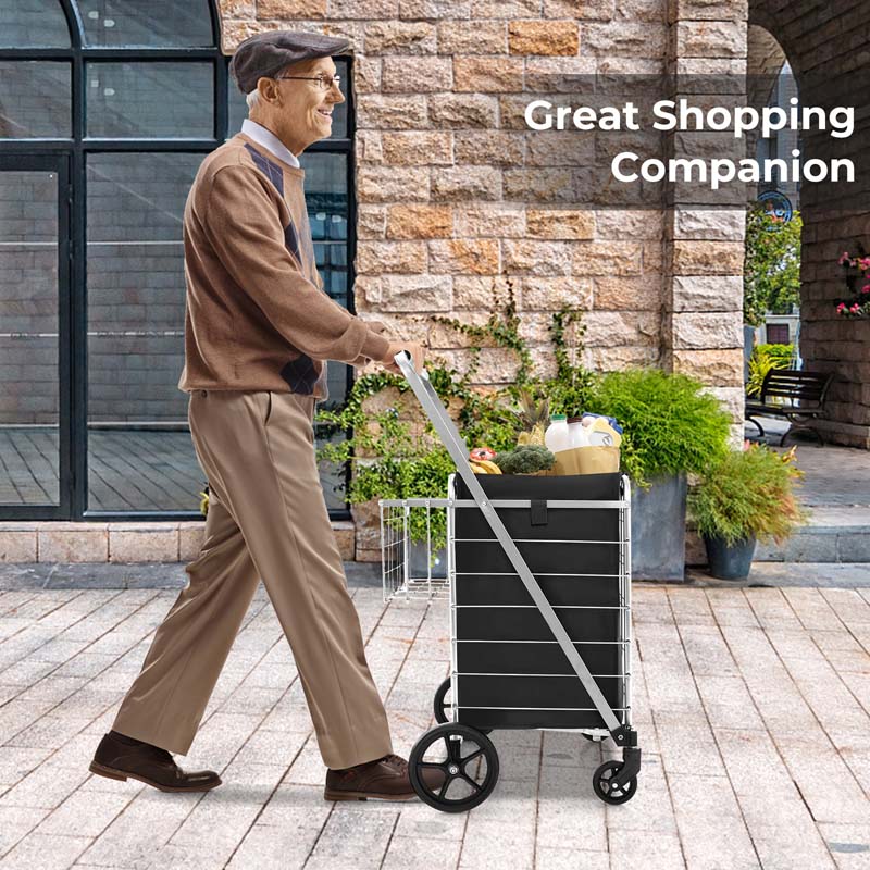 27.5 Gallon Jumbo Folding Shopping Cart with Waterproof Liner & Double Basket, Heavy Duty Portable Utility Cart for Grocery Market Laundry