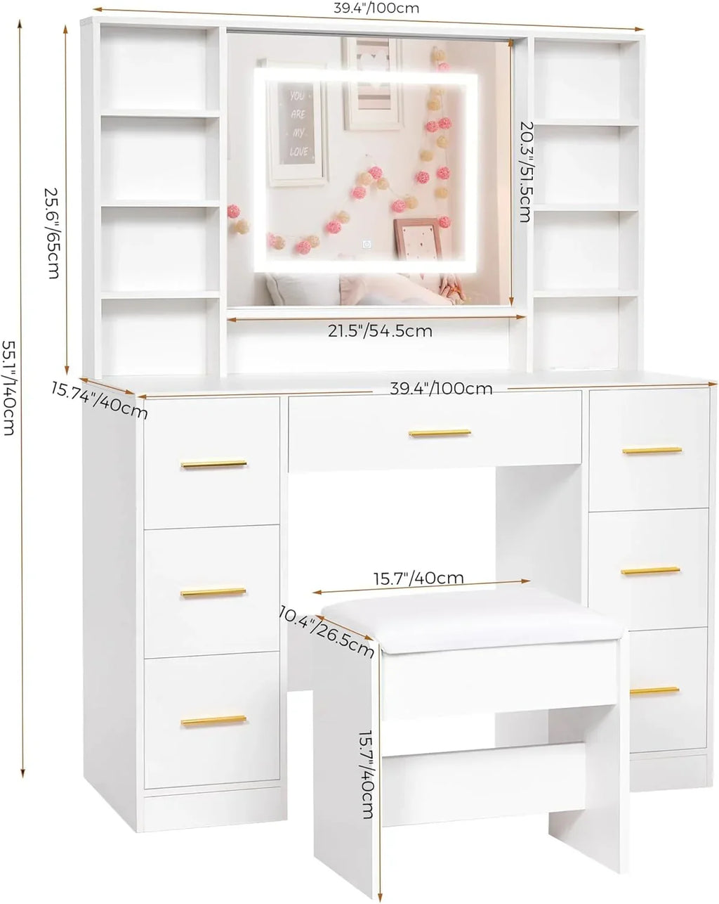 ANWBROAD Vanity Desk Table with Lighted Mirror 39.4 Girls Makeup Vanity