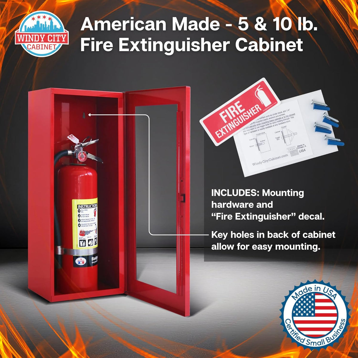 Fire Extinguisher Mount for Wall & Surface - 22 Gauge Steel, USA Made - Fire Extinguisher Cabinet Storage with Metal Handle - Indoor & Outdoor Use - 24.5H x 9.25W x 6.5D - Red