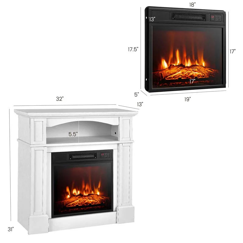 32" Electric Fireplace Mantel, Freestanding Wooden Surround Firebox with 1400W Fireplace Heater, Remote, Thermostat, 6H Timer
