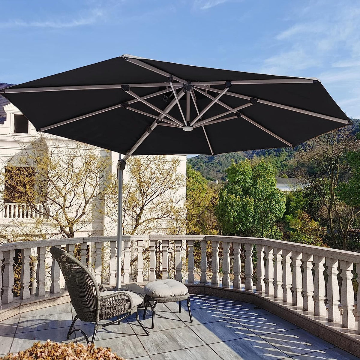 12ft Solar LED Patio Umbrella Outdoor Round Umbrella Large Cantilever Umbrella with LED Lights Windproof Bias Umbrella Heavy Duty Parasol for Garden Deck Pool Patio