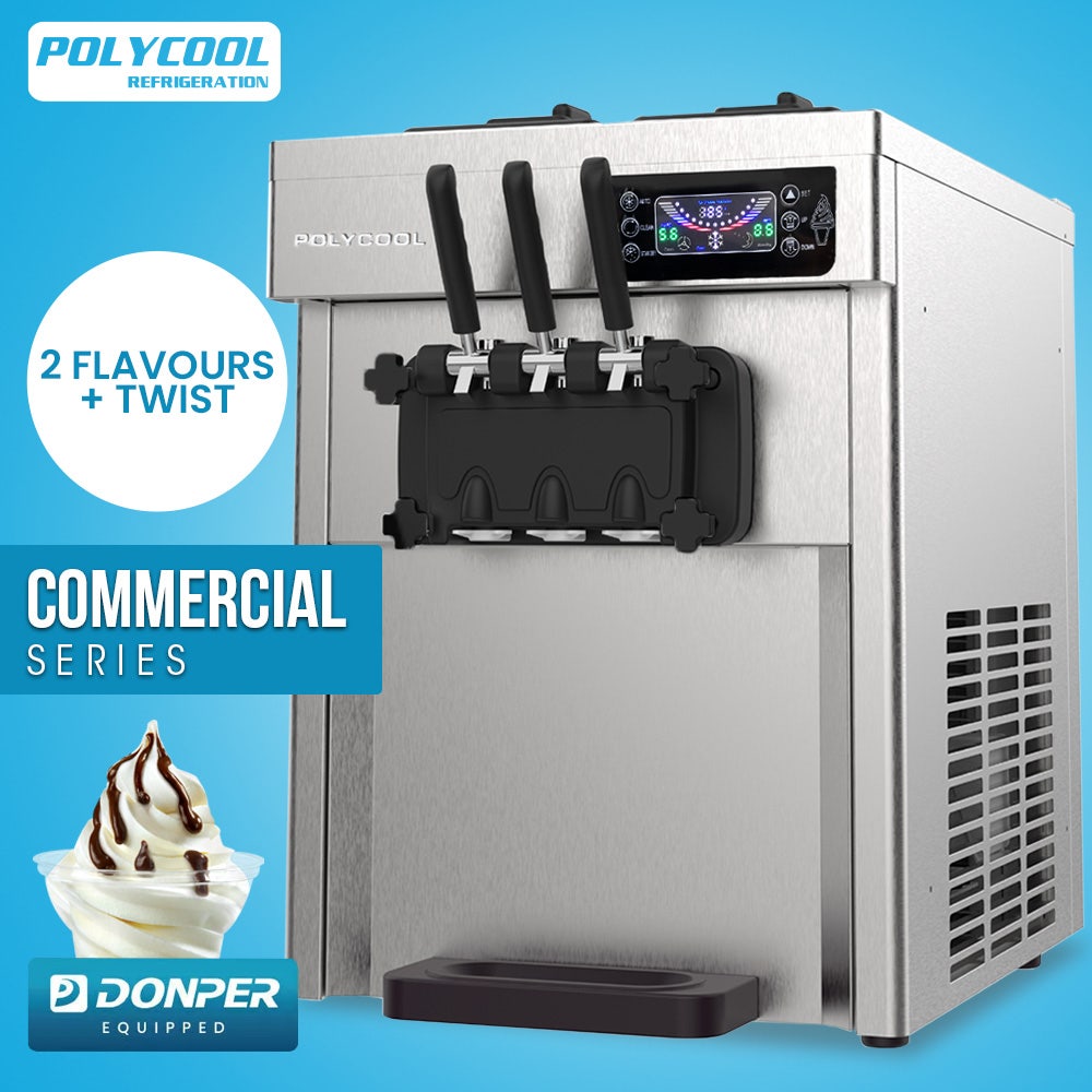 POLYCOOL Benchtop Soft Serve Ice Cream Machine, 3 Flavours, 2+Twist, Frozen Yoghurt, Acai Maker, Twin Cylinder, Counter Top Design, 15A Plug