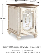Signature Design by Ashley Realyn Farmhouse Chair Side End Table with Cabinet For Storage, Antique White & Brown