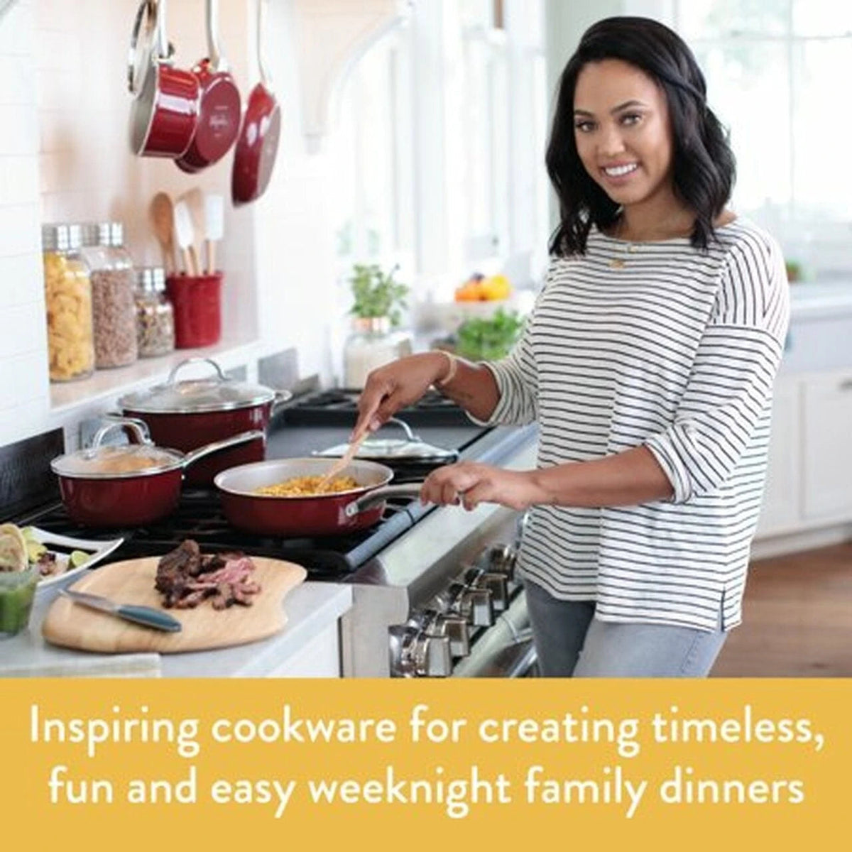 Ayesha Curry 10-Piece Porcelain Enamel Nonstick Pots and Pans Set/Cookware Set, Sienna Red