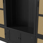 Large Hall Tree with Bench & Rattan Doors, 4-in-1 Entryway Coat Rack with Shoe Storage, 4 Hooks, Shelves, Mid-Century Shoe Bench for Hallway Mudroom, Black, 63.2��W x 15.7��D x 76.8��H