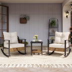 LAUSAINT HOME 3-Piece Rocking Bistro Set  Outdoor Patio Furniture with Thick Cushions and 2-Tier Coffee Table  Oversize Rattan Conversation Set for Garden  Balcony  Backyard (Beige)